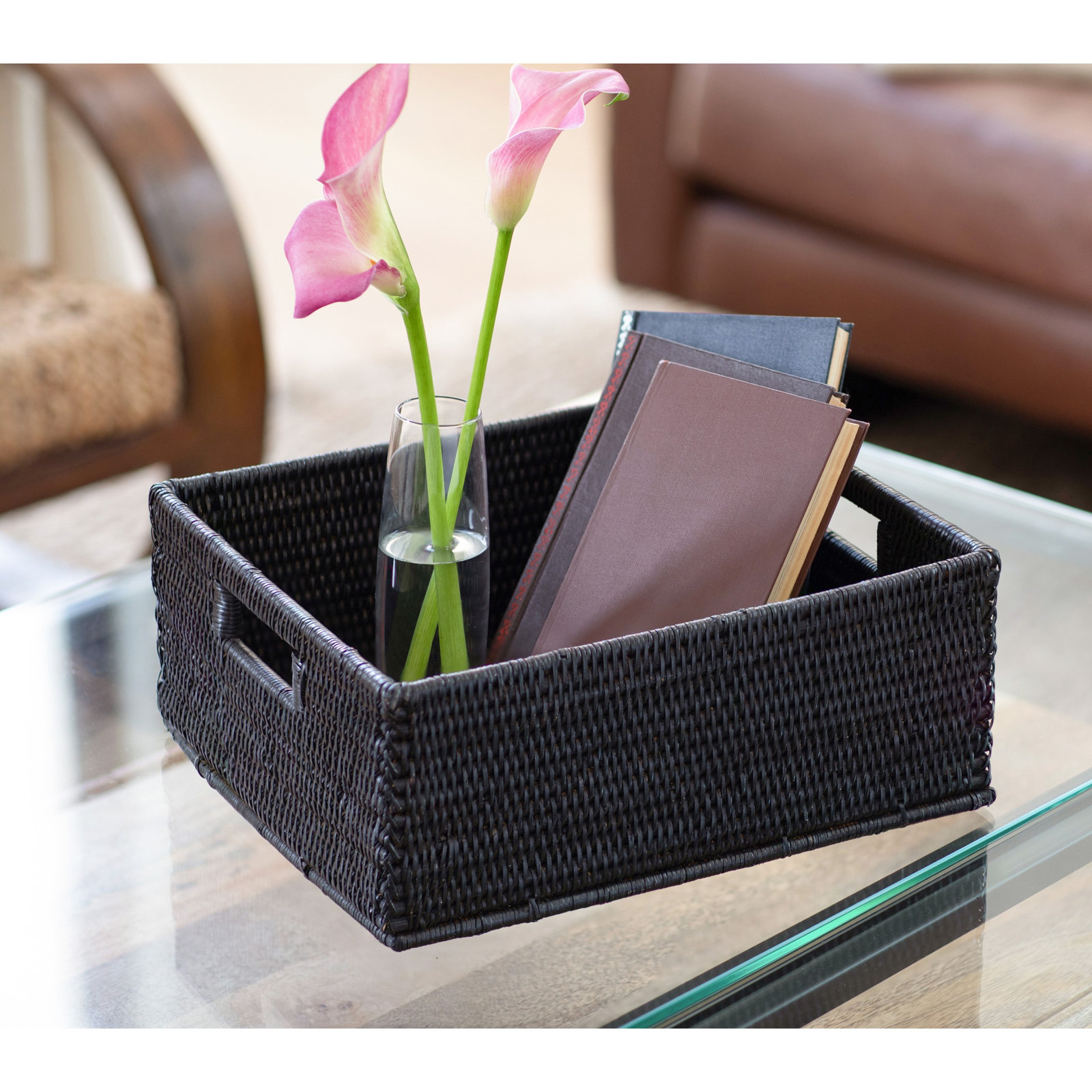 Rattan Rectangular Basket with Cutout Handles, 6" H x 14 " W x 12" D, Tudor Black