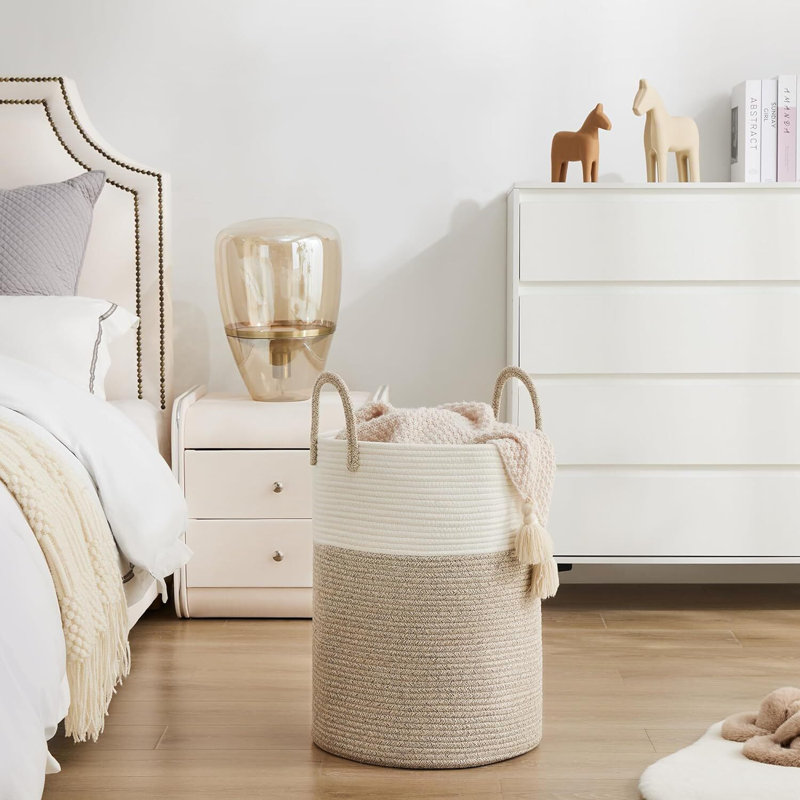 Panier à linge tissé avec poignées, Blanc / kaki, H 20 po x l 15 po x P 15 po