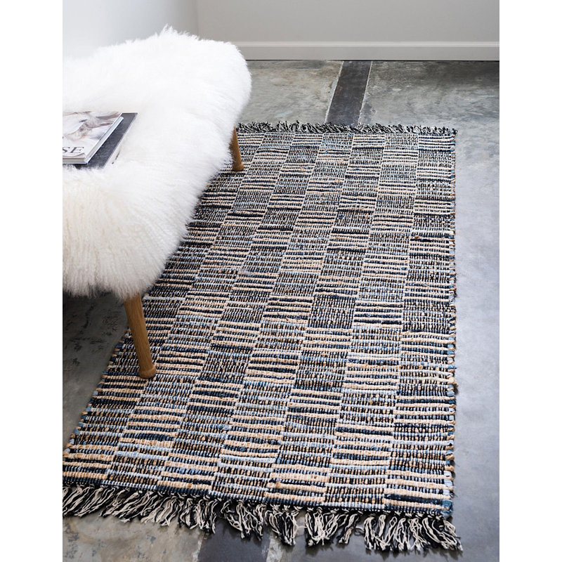 Tapis géométrique tissé à la main à motif jute / sisal beige / brun / bleu clair Elledge, Tapis de couloir 2 pi 6 po x 6 pi