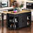 Kitchen Island with Extendable Dining Table, Rubber Wood Veneer Kitchen Table with Internal Storage Rack, Power Outlet, Kitchen island with Storage 2 Drawers 2 Cabinet-1653137977