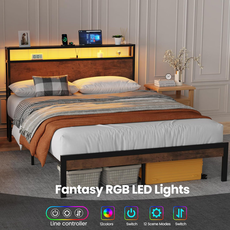 Queen Size Metal Bed Frame with Headboard with LED Lights & Charging Station,w/Solid 11 Bed Legs, No Box Spring Needed, Queen