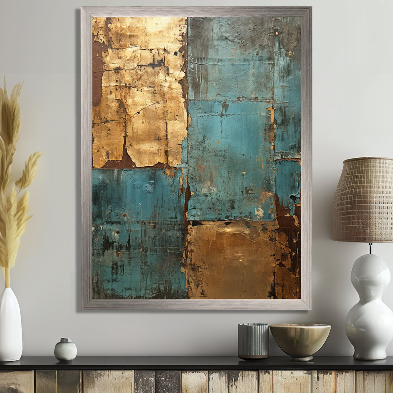 Kintsugi rétro glam rétro or sur turquoise - Art abstrait géométrique encadré, H 44 po x l 34 po x P 1,5 po