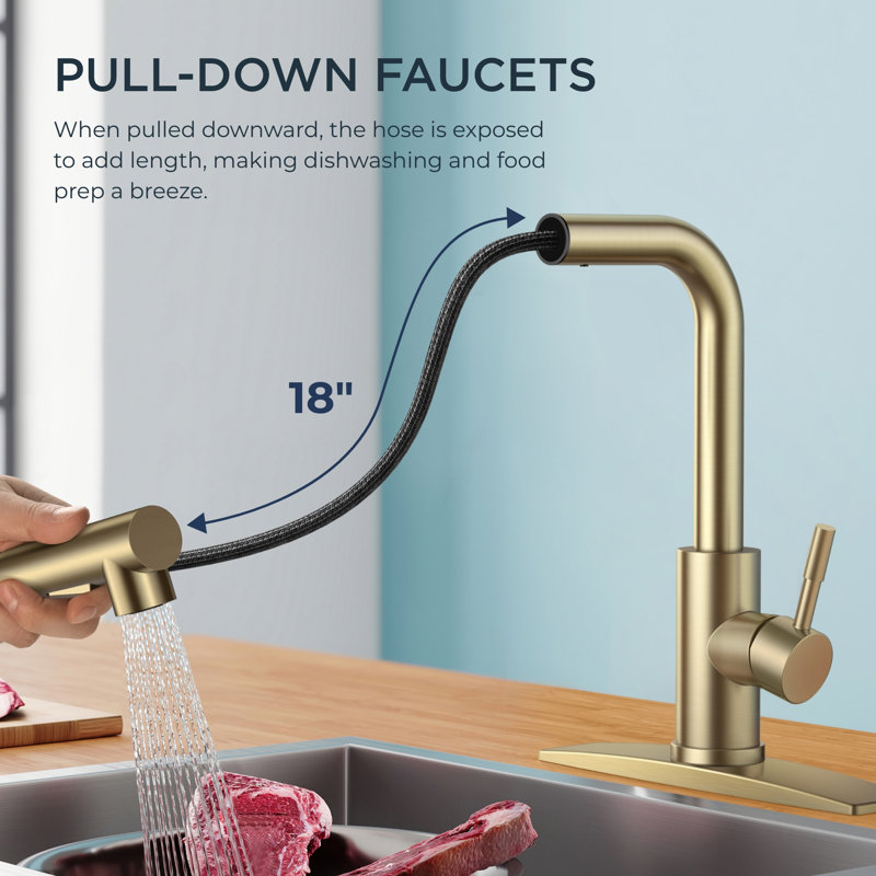 Pull Down Spray Single Lever Kitchen Tap, Gold