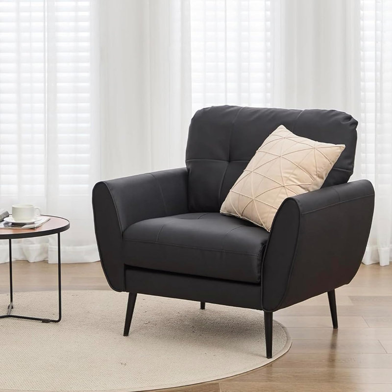 Armchair Comfy Modern Living Room Chair Leather Reading Accent Chairs Mid Century Arm Chairs for Office Bedroom , Black