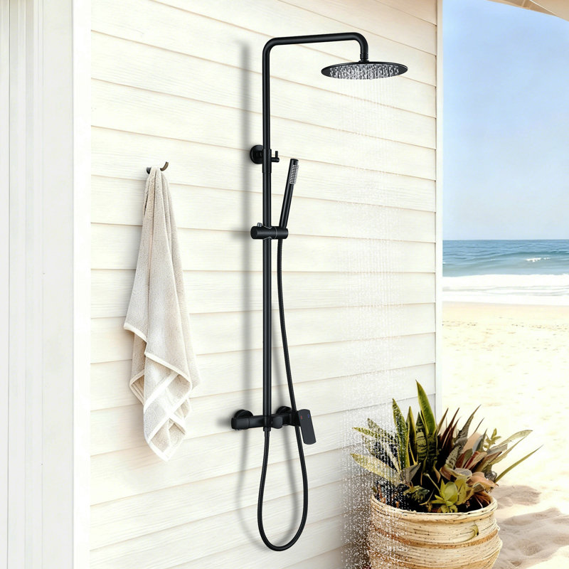 47"H Solid Brass Wall Mounted 3-Functions Exposed Complete Shower System with Slide Bar with Tub Spout, Matte Black