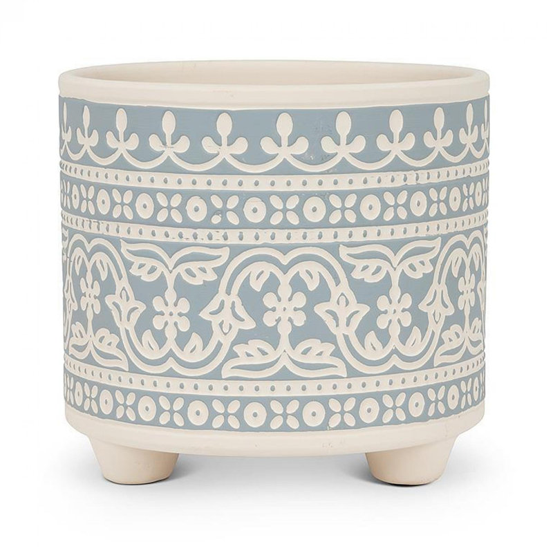 Pot à fleurs bleu et ivoire, H 6 po x l 4,5 po x P 4,5 po