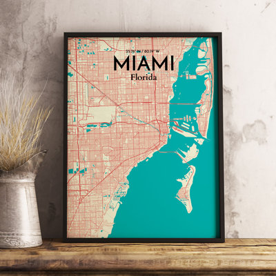 « miami city map », reproduction d’impression sur affiche en tricolore