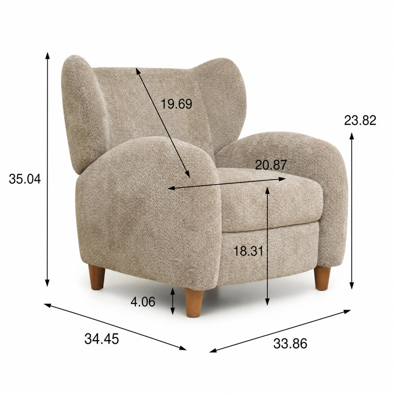 Chaise d'appoint moderne à dossier courbé avec fonction inclinable et repose-pieds, revêtement en chenille de teinte chameau neutre pour le salon, le bureau ou l'espace de loisirs