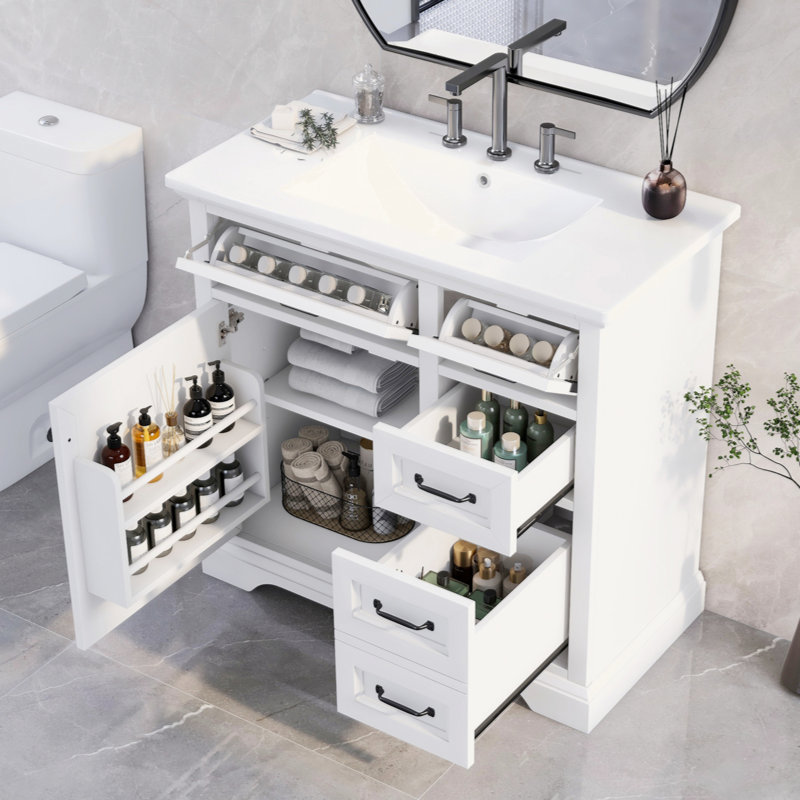 Meuble-lavabo 36 po avec lavabo, lavabo en céramique, 2 tiroirs basculants, charnières de porte à fermeture en douceur, Blanc
