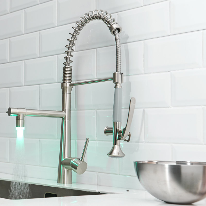 Led Kitchen Faucet With High Arc Pull Down And Single Handle Pre-Rinse Spring In Brushed Nickel Heavy Duty Commercial Style Lead Construction
