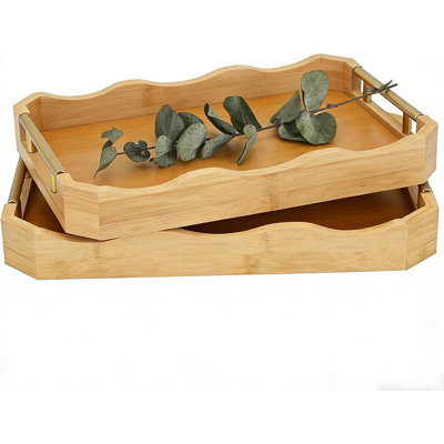 Ensemble de plateaux de service décoratifs en bambou avec poignées dorées, repose-pieds et plateaux de table basse pour la maison