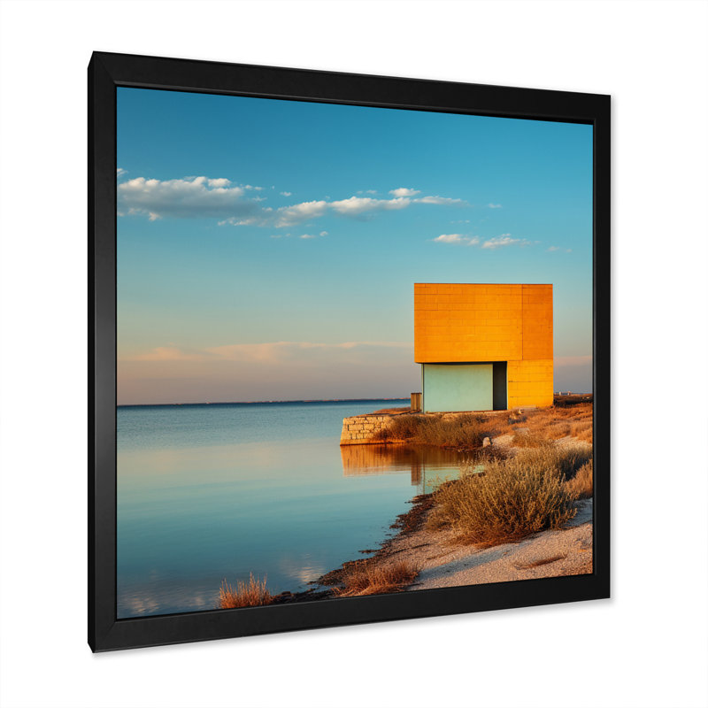 " Coastal Minimalism Yellow Building By The Shore ", Black Single Picture Framed, 24" H x 24" W x 1" D