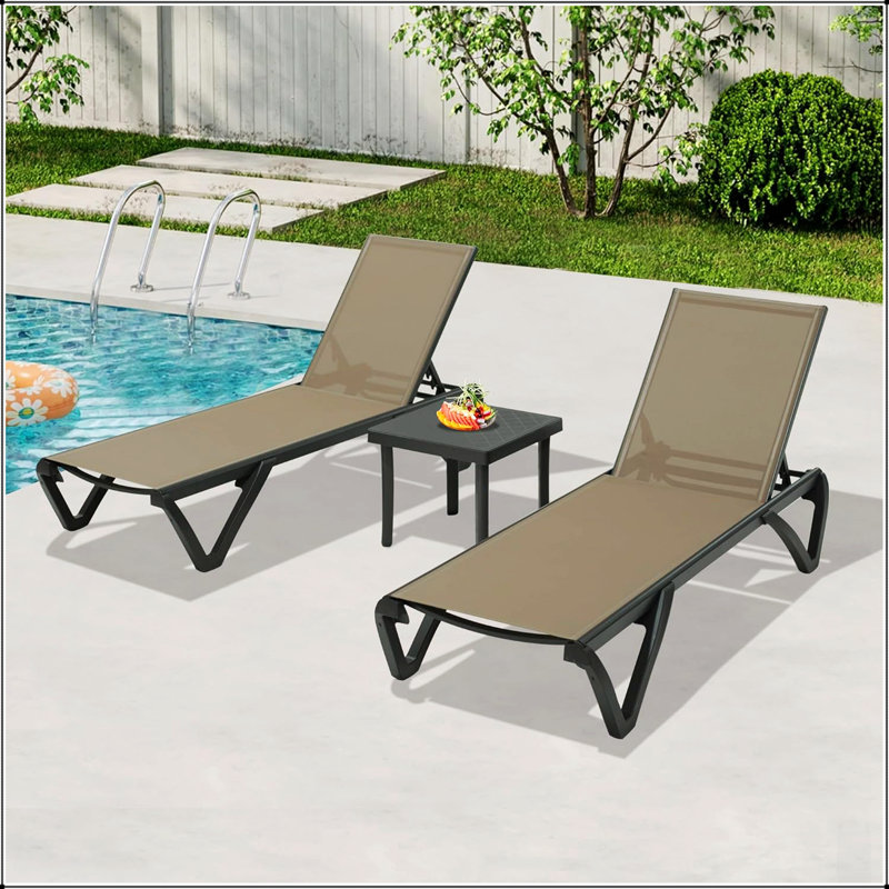Ensemble de 2 chaises longues réglables avec table d'appoint, structure en aluminium et toutes saisons pour un confort extérieur