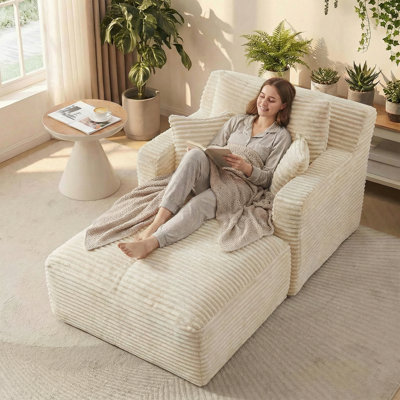 65X39in Oversized Chaise Lounge Chair Indoor, Corduroy Upholstered Boneless Sofa Bed With 3 Pillows