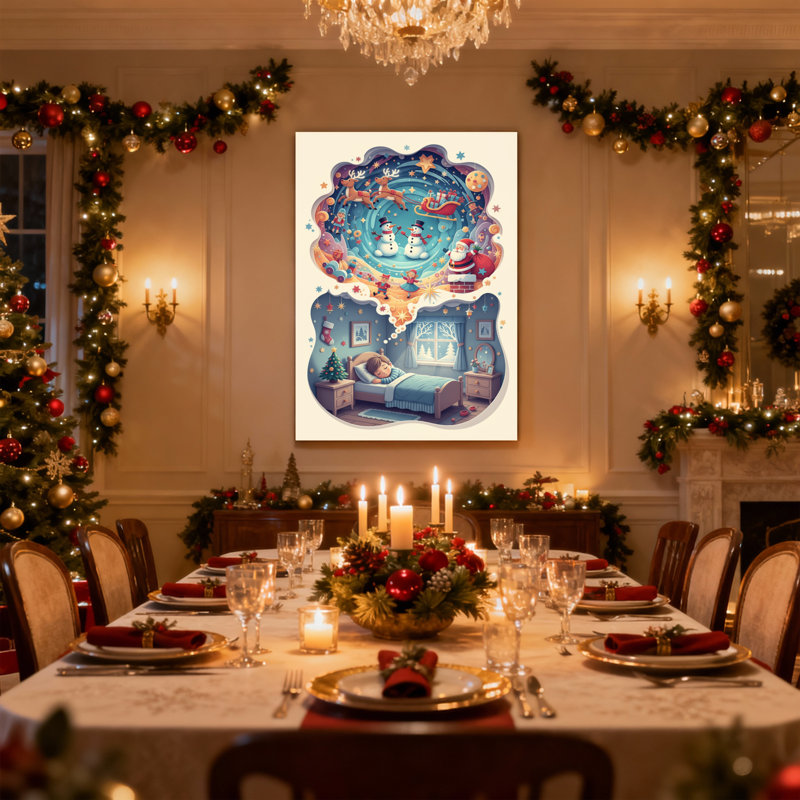 Ensemble de 3 reproductions d'art sur toile de Noël, chambre de rêve avec père Noël et renne, 18" H x 12" W