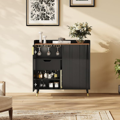 Wine Bar Cabinet with Fluted Doors, Modern Small Buffet Sideboard & Coffee Bar Liquor Storage Cabinet with Wine Rack and Glass Holders for Dining Room by 17 Stories
