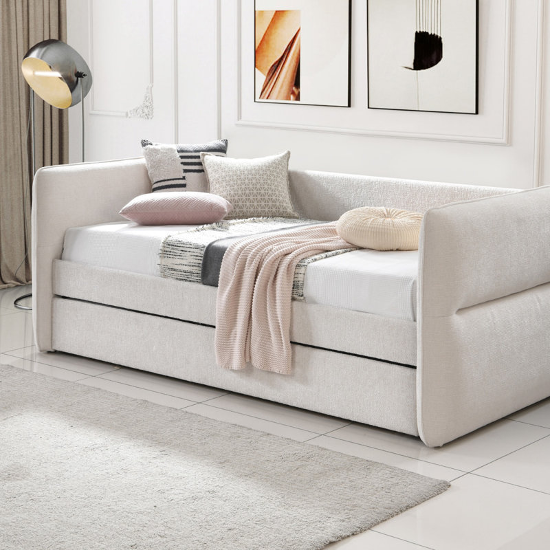 Luxurious 1Pc Modern Daybed Pull Out Trundle Button Tufted Nailhead Trim Bedroom Living Room Furniture Oatmeal