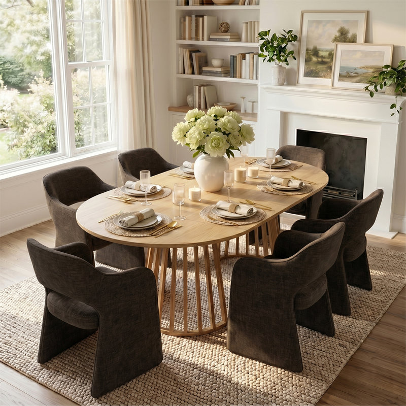 6- Person Dining Table Sets With Extendabe Oval Table & 6 Upholstered Fabric Dining Chairs, Brown