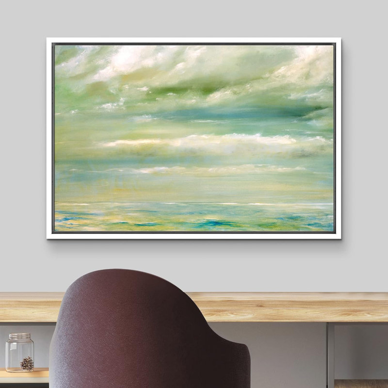 Clouds " Green Seascape Clouds Ocean ", 24'' H x 36'' W, White Framed