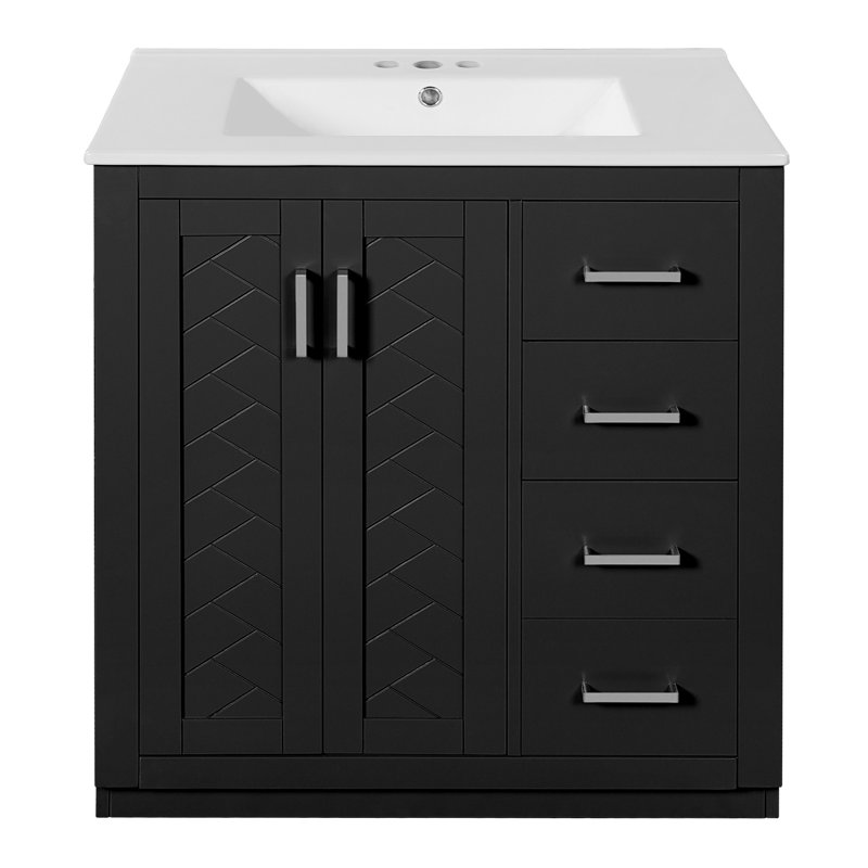 Meuble-lavabo de 30 po avec lavabo en céramique, structure en bois massif, charnières, poignée en métal exquis, rangement spacieux, rangement élégant pour les articles de toilette