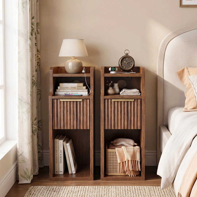 Space-Saving Narrow Nightstand with Charging Station