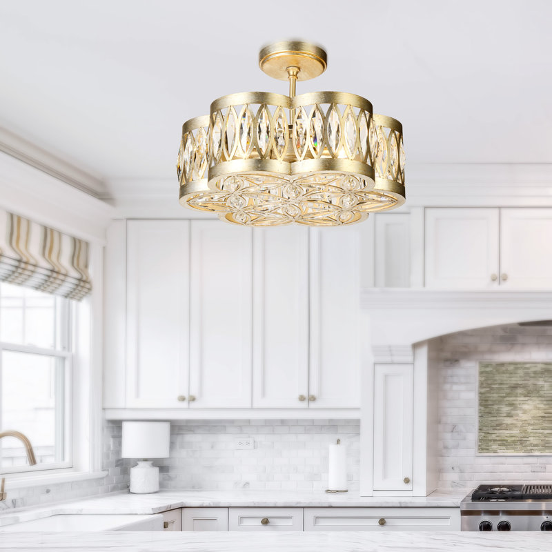 16in Floral Mini Chandelier - 6 Light Champagne Finish with Beveled Glass - Elegant Dining Room Living Room