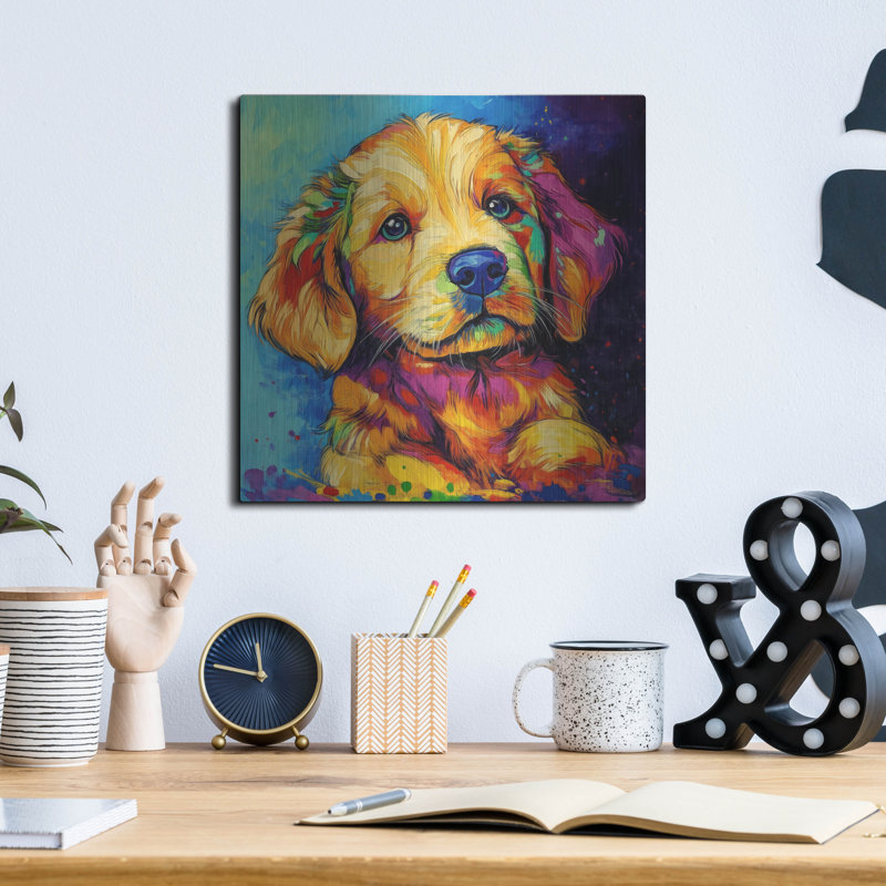  «Wouf Golden Retriever» par Rich Monet, art mural en métal, 12 po x 12 po, H 12 po x l 12 po