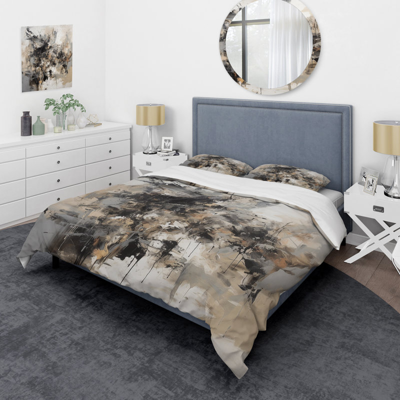 Ensemble de housse de couette abstrait gris et noir Inner Worlds of Marble III - microfibre de polyester