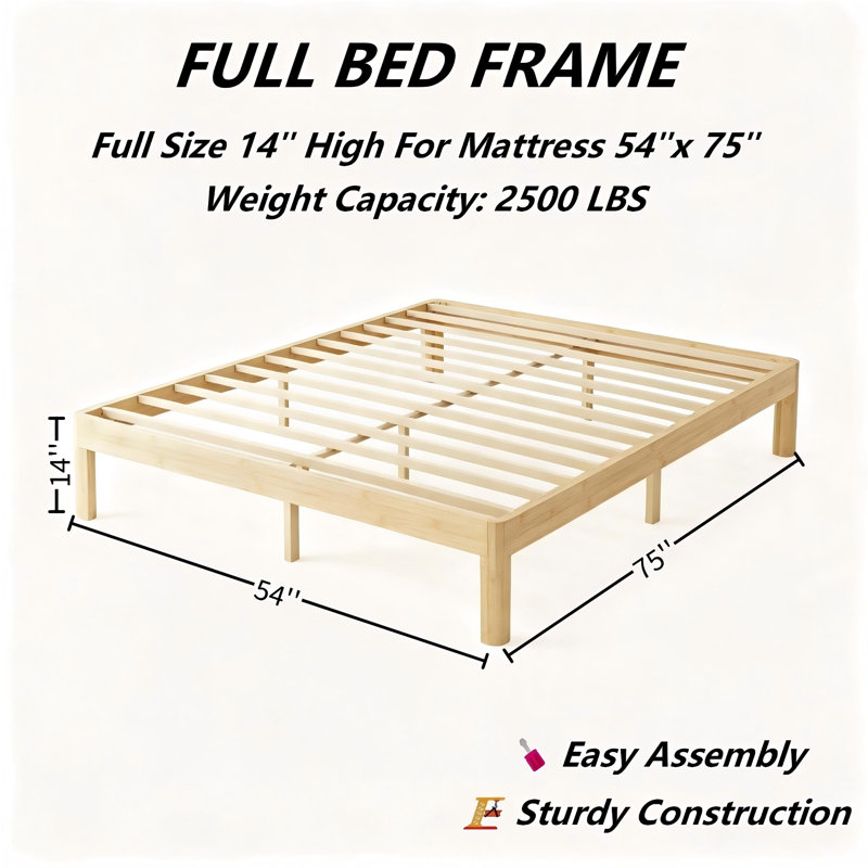 Cadre de lit double en bois massif de 14 pouces, cadre de lit plateforme avec support à lattes en métal, aucun sommier requis, assemblage facile, couleur bois