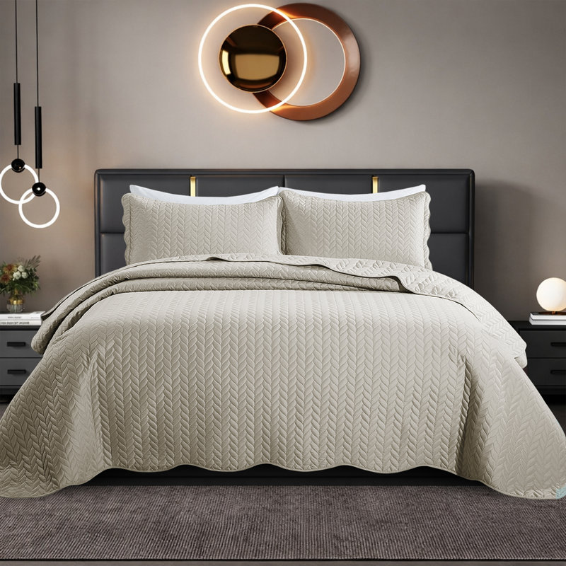 Embossed Microfiber Quilt Coverlet Set, King ( 106 Inc x 96 Inc ), Beige