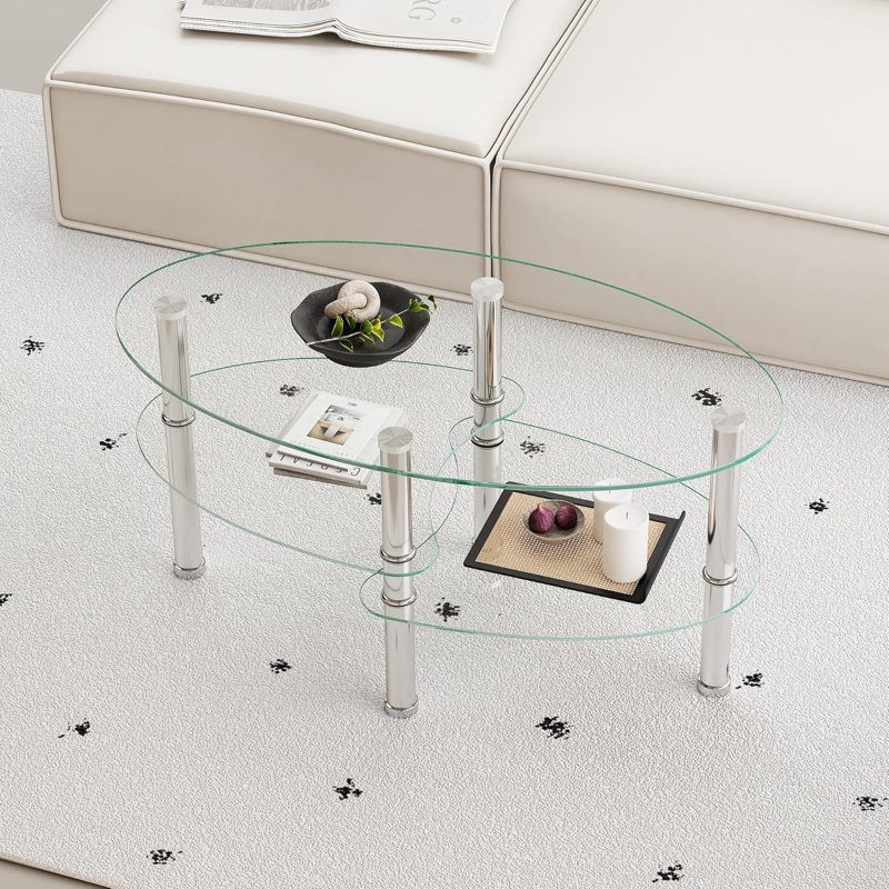 Table basse ovale en verre transparent, table moderne avec pieds en acier inoxydable, table basse en verre à 3 couches pour le salon