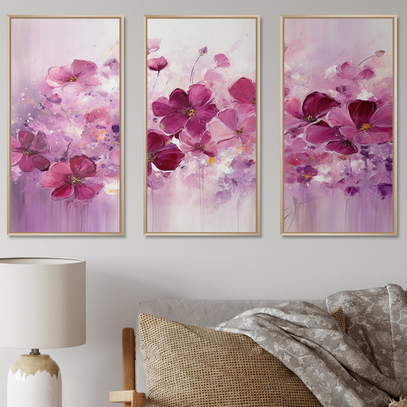 Ensemble d'art sur toile Fuschia, Cadre flottant en érable, H 32 po x l 48 po x P 1 po
