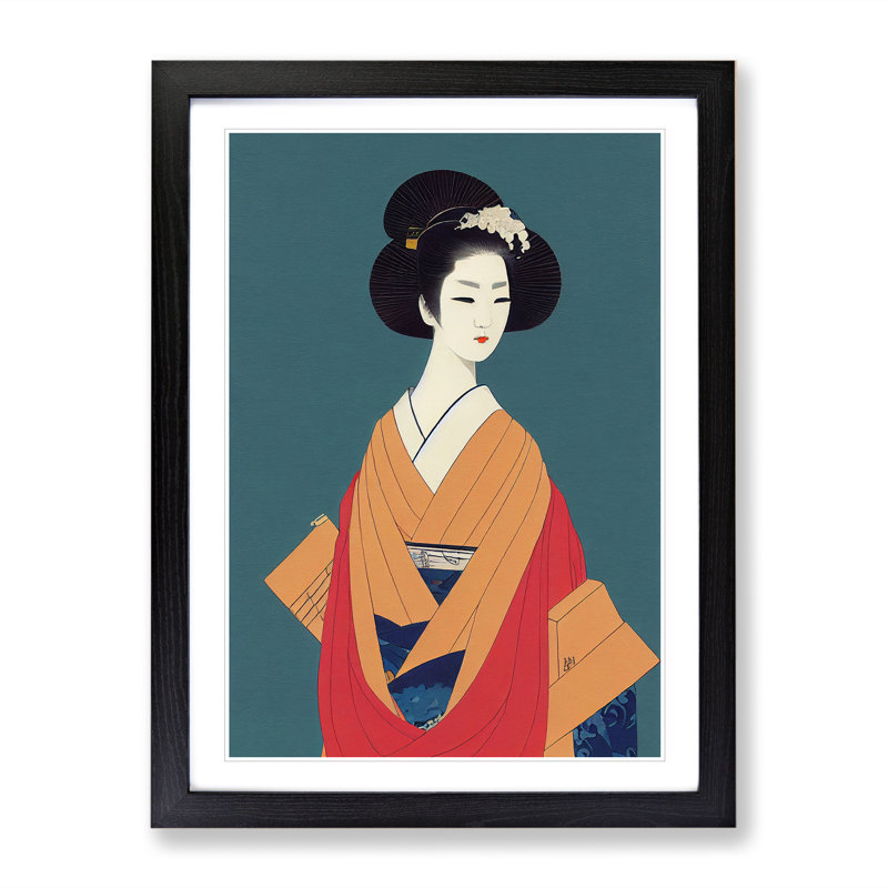 XV1022-4721X Traditional Geisha No.5 - Print, Black Framed, 36cm H x 27cm W, White
