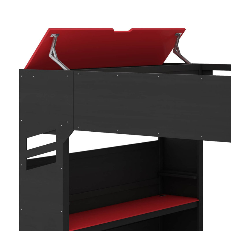 Full Size Wood Loft Bed With Desk,Drawers,Storage Compartments,Hanging Rod And RGB Lights, Red
