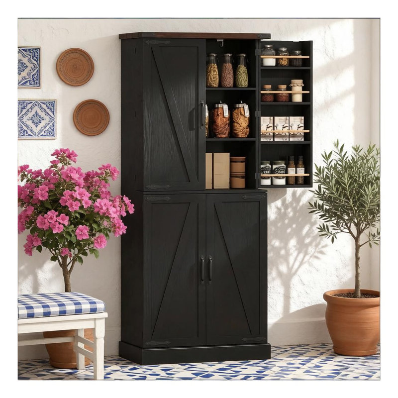 Grand garde-manger de style campagnard de 72 pouces avec plateau en grain de chêne, finition noire, rangement vertical pour la cuisine ou le bureau personnel