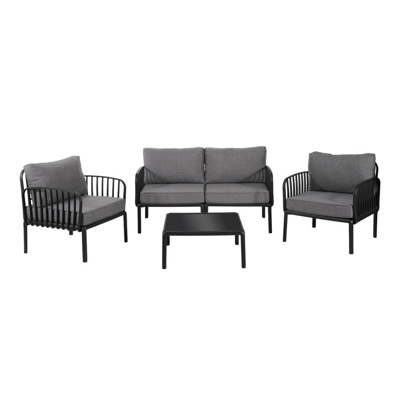 Posselli Modern Outdoor Conversation Set With Cushions And Glass-Top Table, Dark Gray/Black