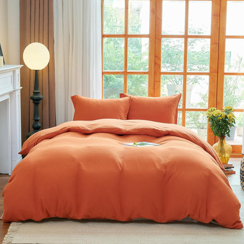 Ensemble de housse de couette en mousseline 100% coton lavé pour toutes les saisons, Orange brûlé