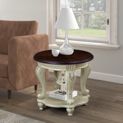 Table d'appoint bicolore de 56 cm (22 po) pour salon, beige et brun, en bois massif avec étagère, facile à assembler, placage thermorésistant, coins arrondis sécurisés, couleur de la table ronde, pour la pièce, à assembler, protégée