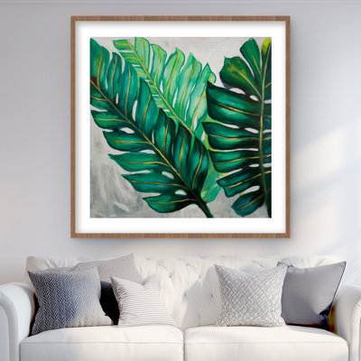Trois grandes feuilles de plantes exotiques - impression de salle de bain encadrée
