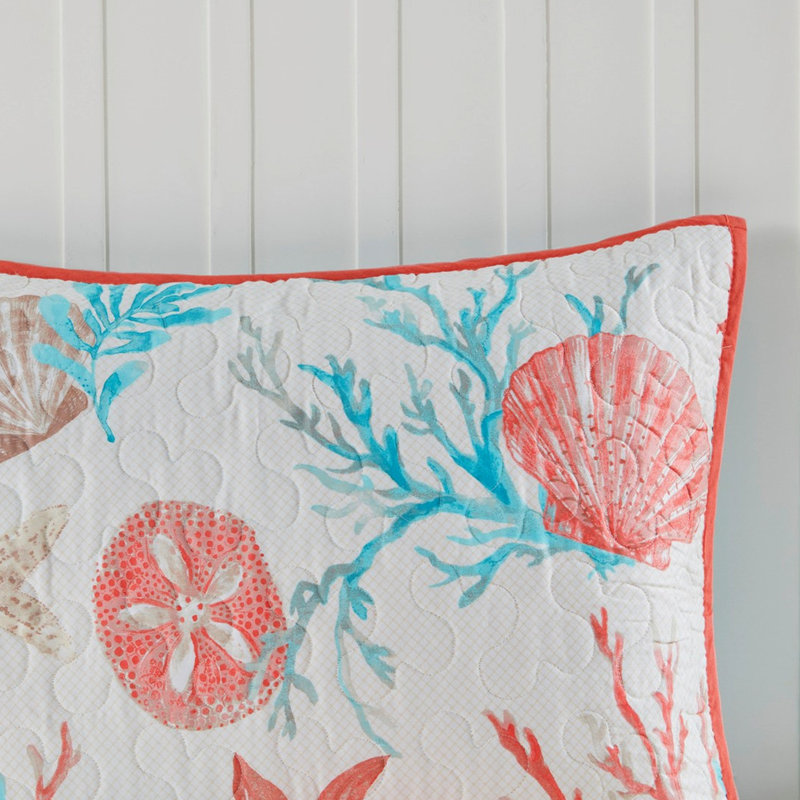 Courtepointe 6 pièces avec coussins, corail double / grand, coquillages imprimés, étoile de mer et coraux, mélange de tissu doux, vermicelle, broderie côtière, coton lavable à la machine