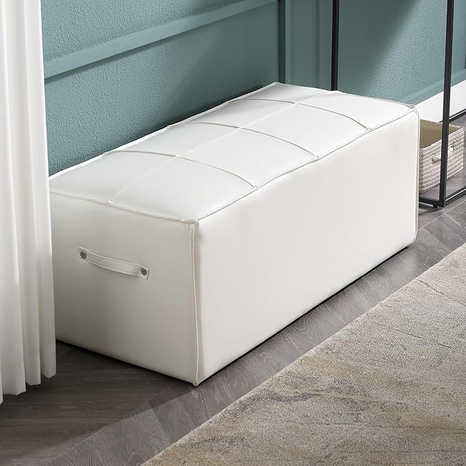 Grand banc de repose-pieds rectangulaire rembourré pour chaussures de vestibule en similicuir, Beige