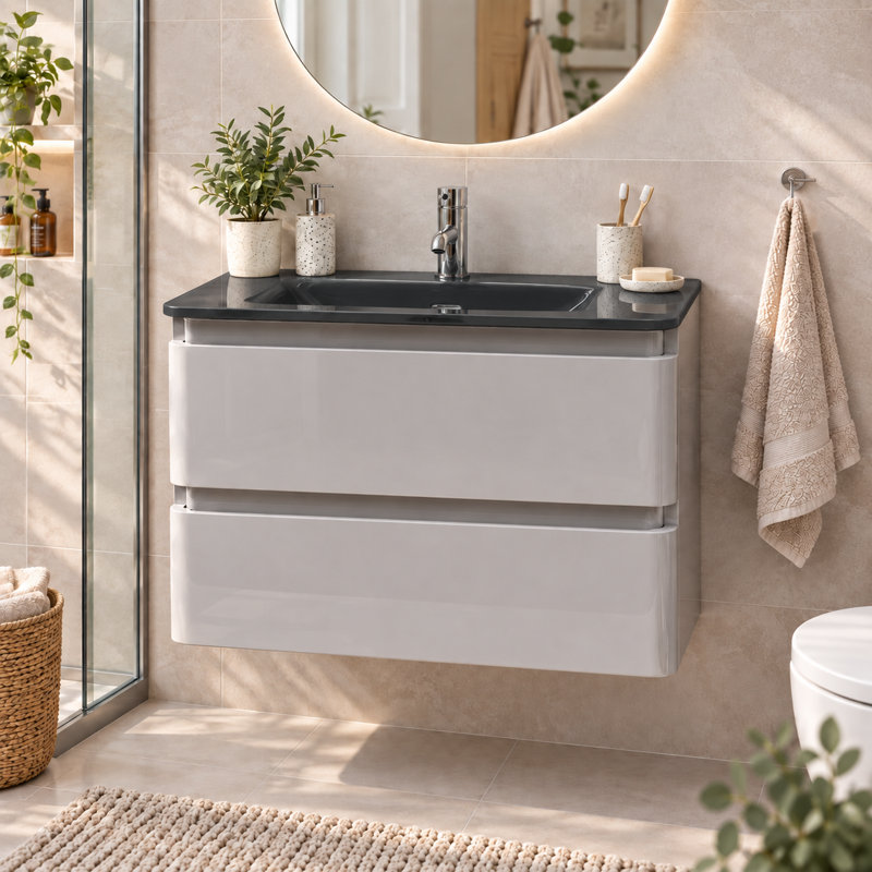 Fenix 594mm Single Bathroom Vanity with Integrated Glass Basin, Black