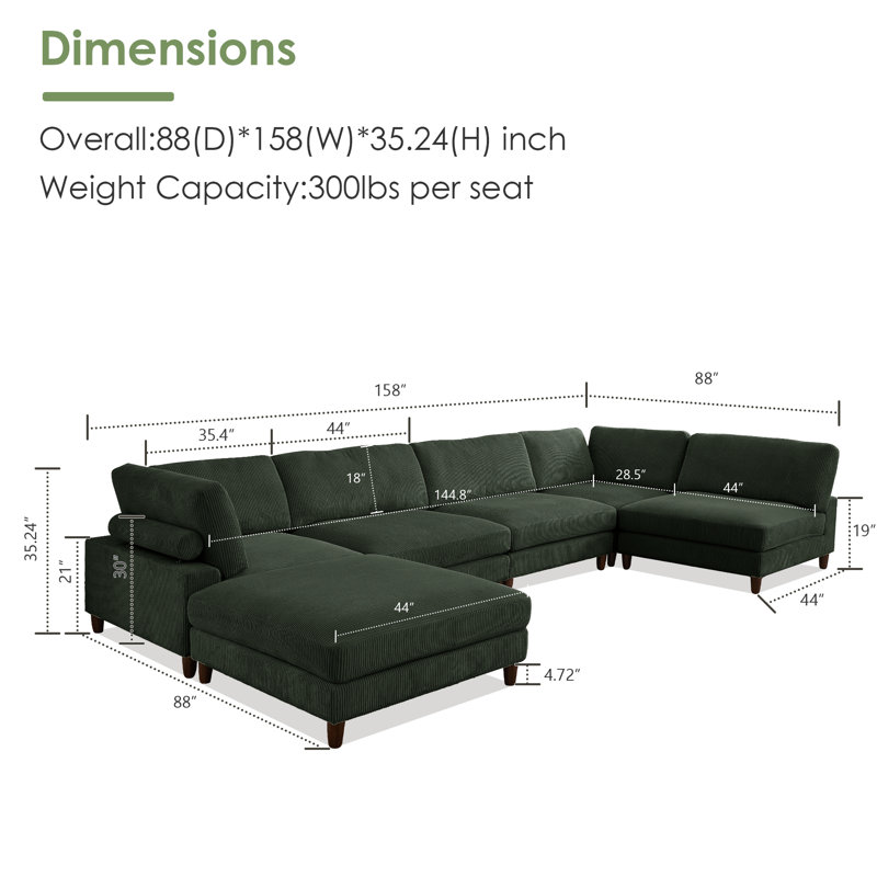 Canapé modulaire en velours côtelé 6 pièces, Velours côtelé vert