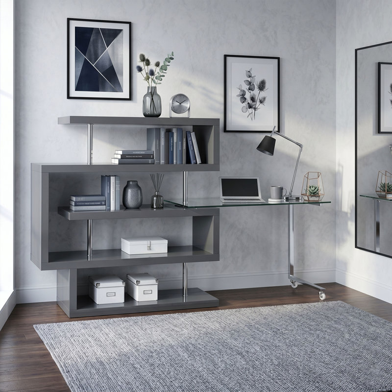 Bureau convertible en forme de L 3 en 1 avec station de travail en verre roulante, bibliothèque à plusieurs niveaux combinée, roulettes verrouillables mobiles, table d'écriture de bureau gris lustré