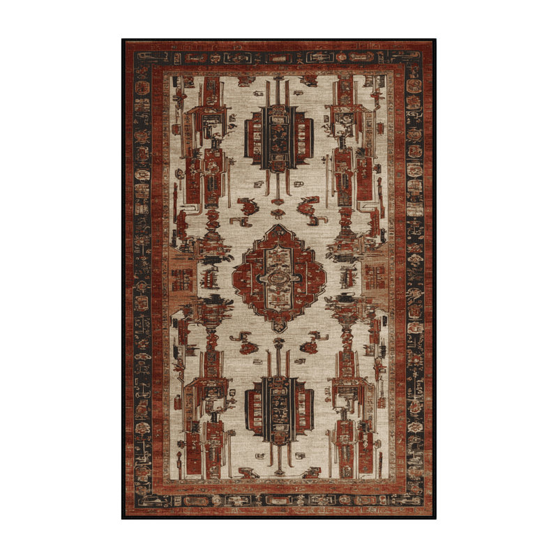 Machine Washable Art Deco Brown Area Rug, Rectangle 7' x 10'