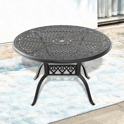 Table de salle à manger 48 pouces - aluminium coulé, cadre noir, trou pour parasol pour 6 personnes