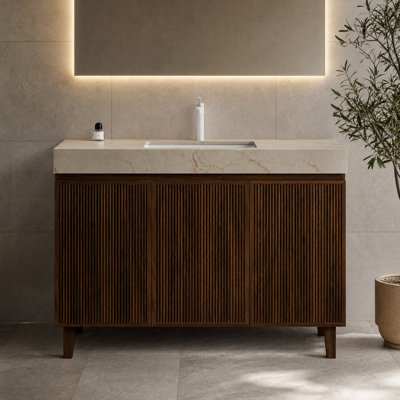 Meuble-lavabo autoportant de 122 cm avec comptoir en pierre frittée et lavabo encastré en céramique