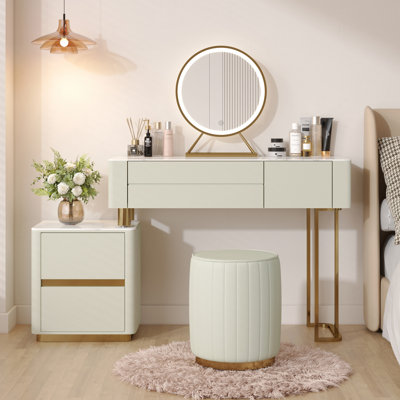  Ensemble de meuble-lavabo en bois massif 57 po avec miroir éclairé et tabouret en similicuir Theopal