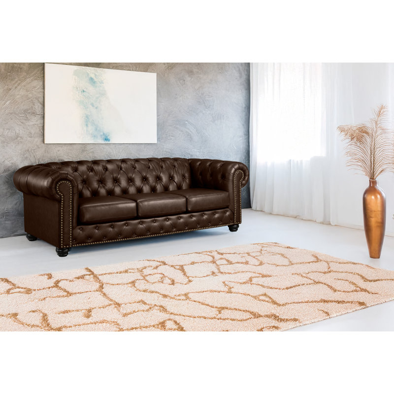 Orner 93" Leather Rolled Arm Chesterfield Sofa, Brown Leather Match