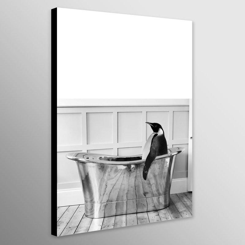 Penguin in Bath Tub Funny Bathroom Wall Art - Wrapped Canvas Art Prints, 61 cm H x 41 cm W